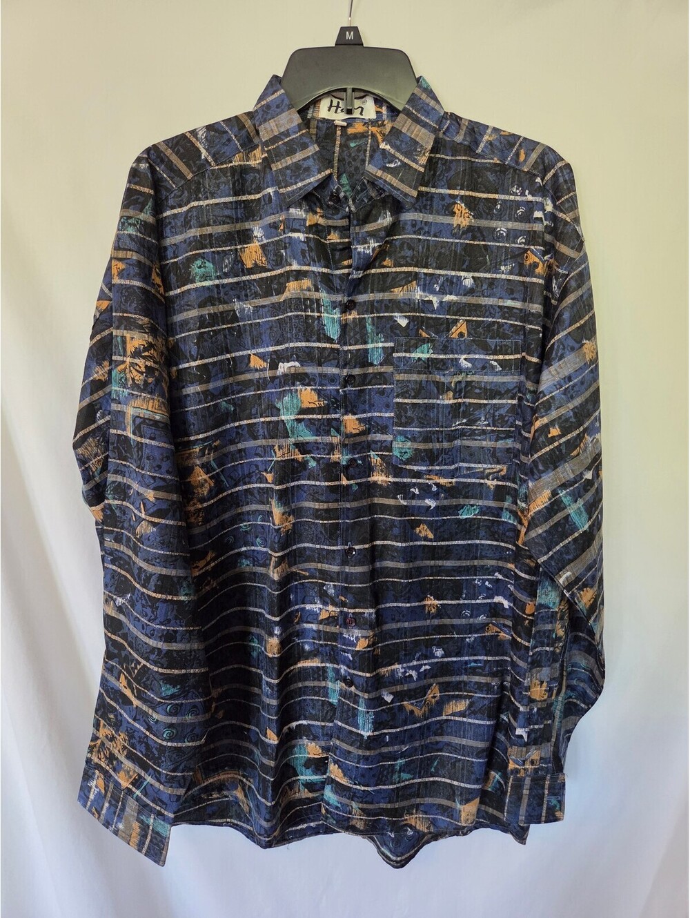 Hey Man Abstract Geometric Stripe Shirt Large Retro 90s Cotton Button Up